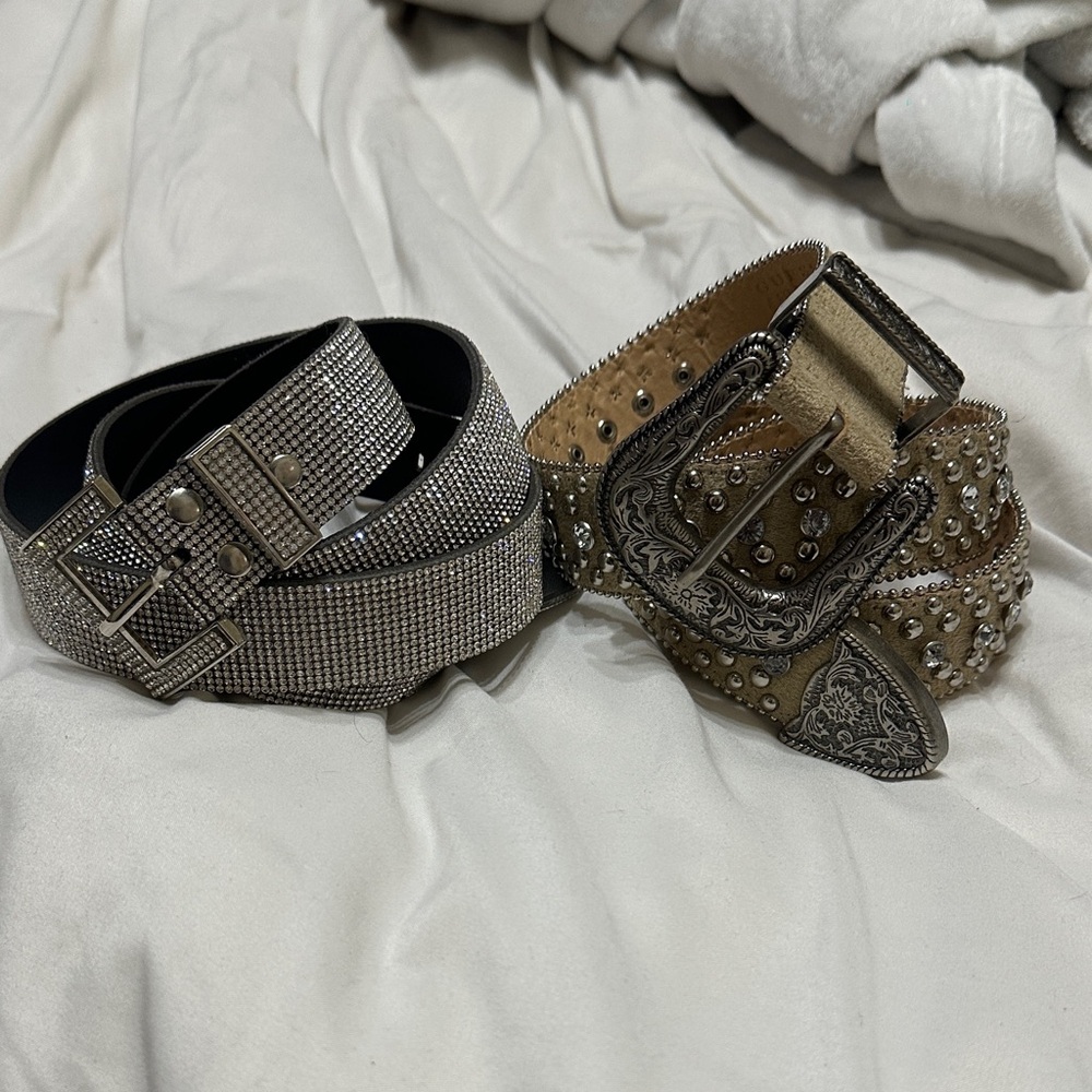 Elegant Rhinestone Belt Set - Silver and Tan